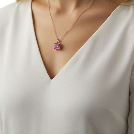 14Kt Gold Pink Sapphire Princess Cut Pendant Necklace