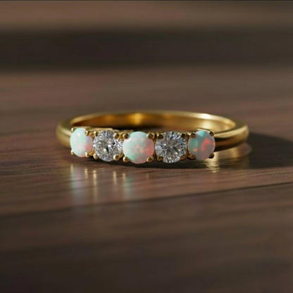 14Kt Gold 0.50 Ct 5 Stone Opal & Lab Grown Diamond Ring