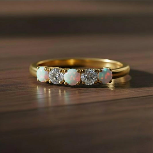 14Kt Gold 0.50 Ct 5 Stone Opal & Lab Grown Diamond Ring
