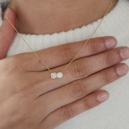 14Kt Gold 2 Stone 0.50Ct Lab Grown Diamond and Opal Round Pendant