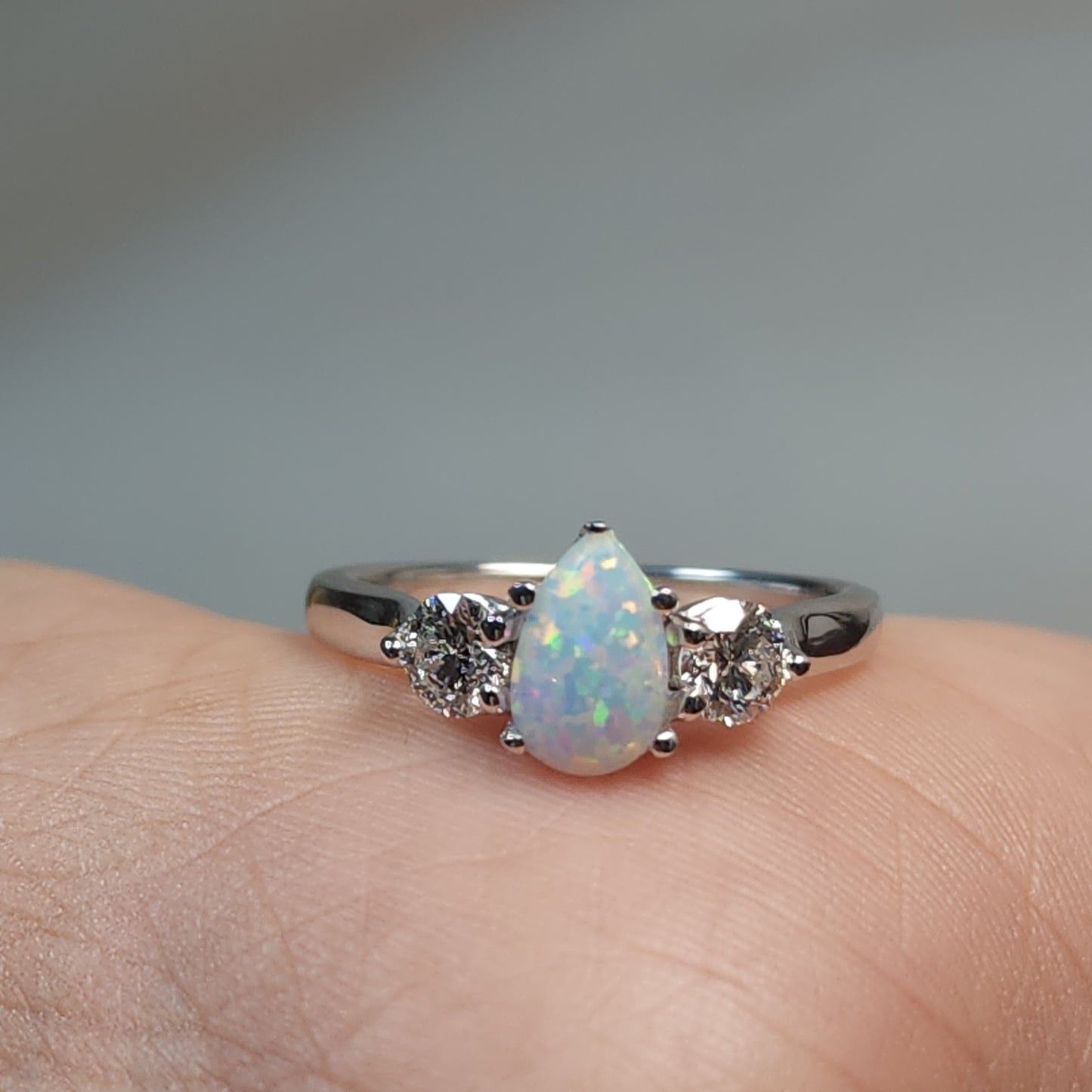 Created Opal & Lab Grown Diamond Pear Round ring .925 Sterling Silver