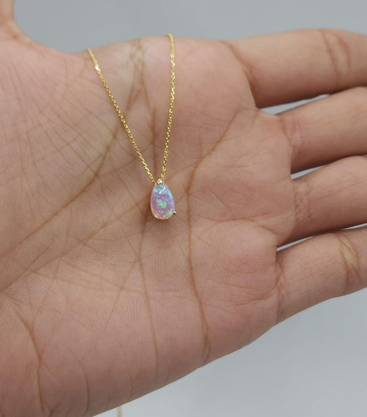 14Kt Gold Pink Opal Teardrop Pendant Necklace