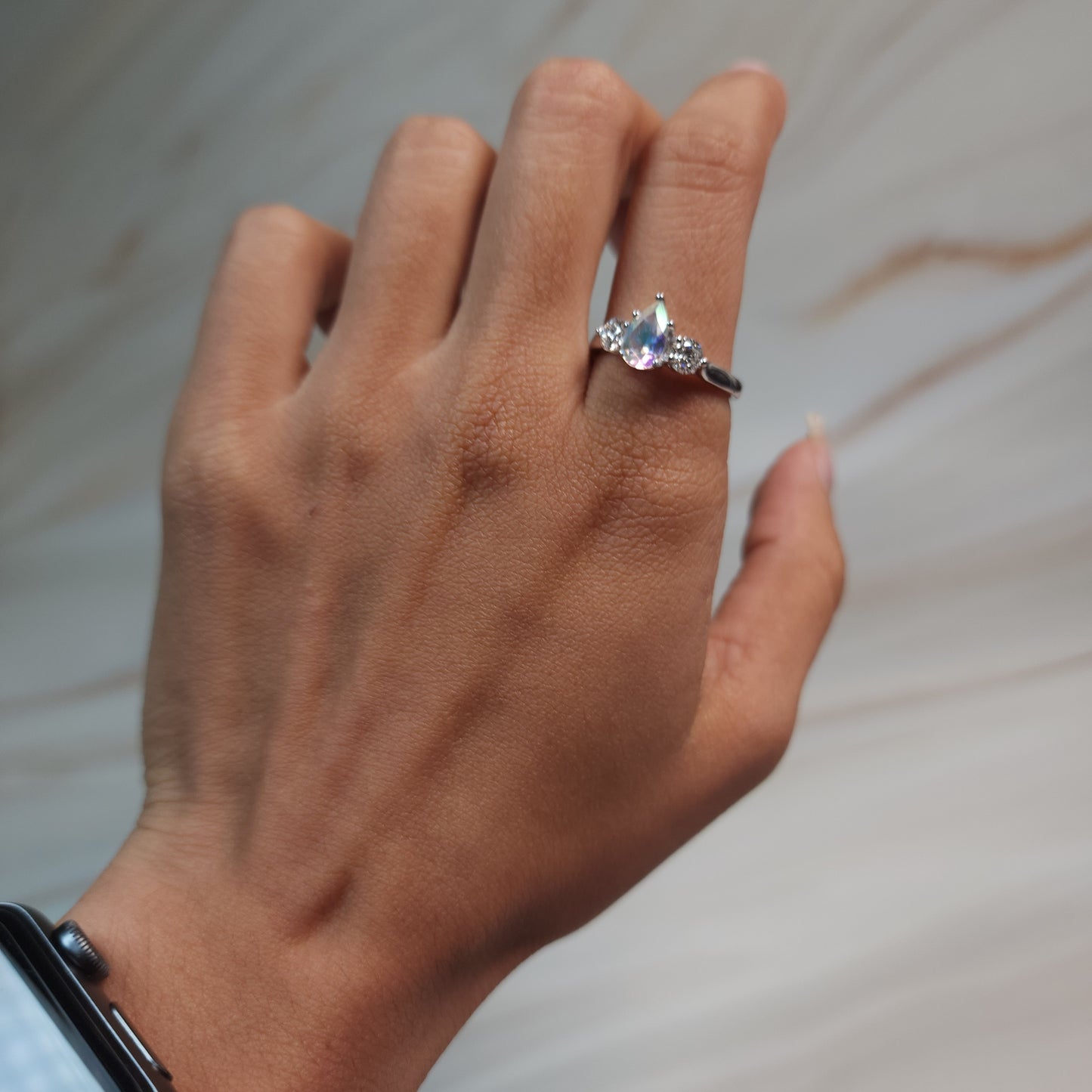 Natural Mercury Mist Mystic Topaz & Lab Grown Diamond Pear Round ring .925 Sterling Silver