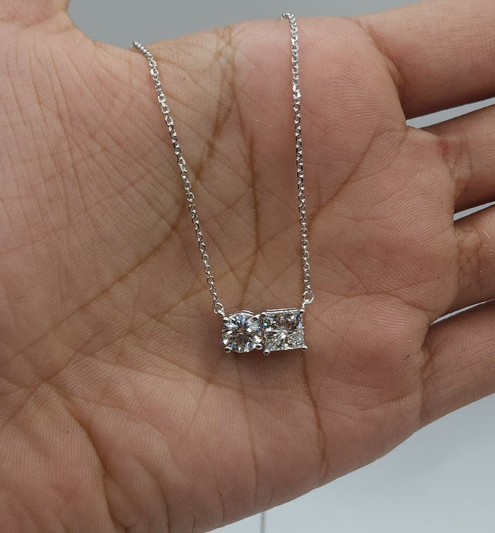 14Kt Gold 1.70 Ct 2 Stone Princess Cut & Round Lab Grown Diamond Necklace