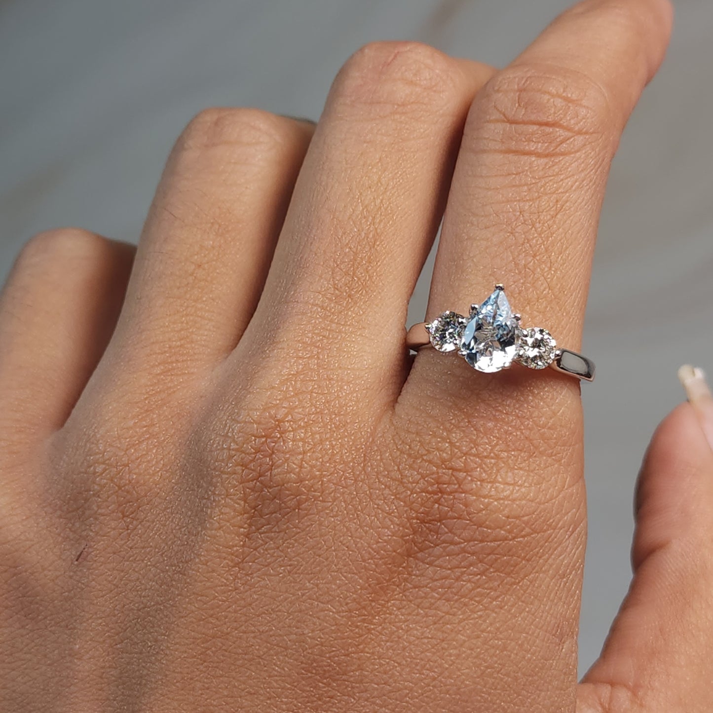 Genuine Aquamarine & Lab Grown Diamond Pear Round ring .925 Sterling Silver