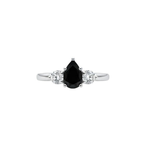 Natural Black Onyx & Lab Grown Diamond Pear Round ring .925 Sterling Silver