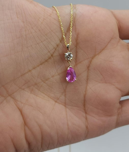 14Kt Gold Pink Sapphire Teardrop & Lab Grown Diamond Pendant