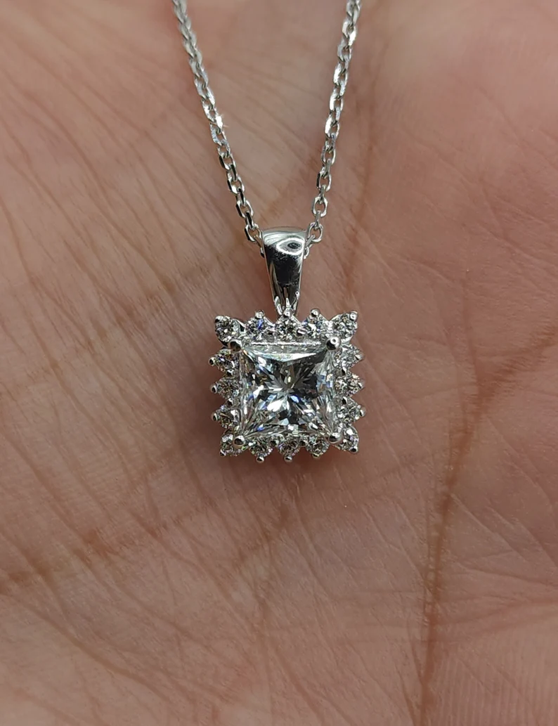 14K Gold 01.30 Ct Lab Grown Princess Cut Diamond Solitaire Pendant Necklace