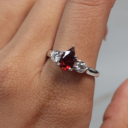 Simulated Garnet & Lab Grown Diamond Pear Round ring .925 Sterling Silver