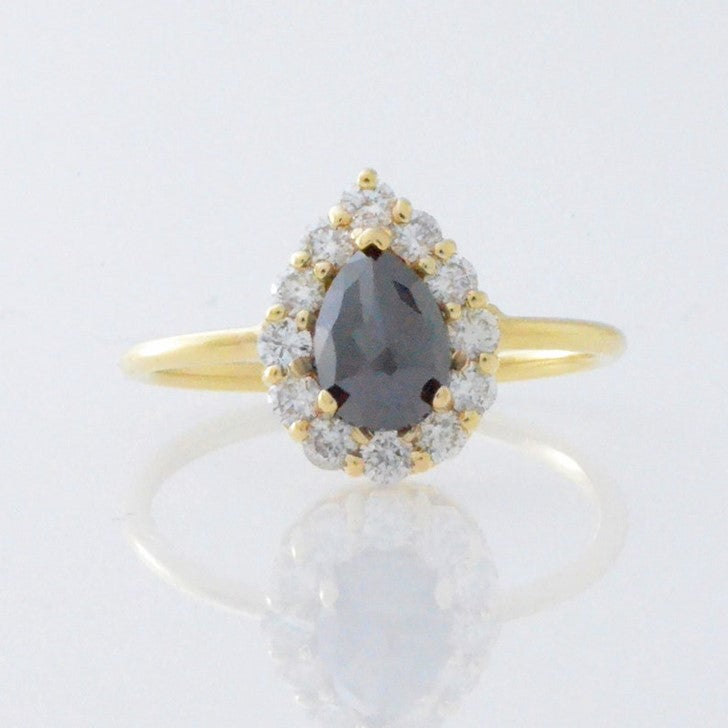 14Kt Gold 1.21Ct Halo Teardrop Natural Rose Cut Black Diamond Ring