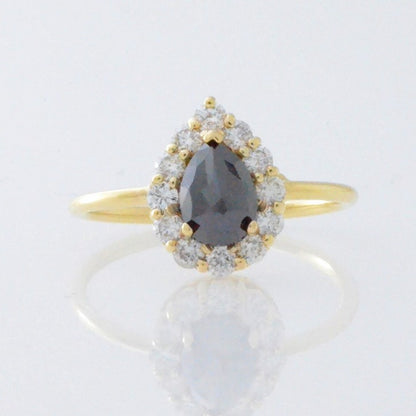 14Kt Gold 1.21Ct Halo Teardrop Natural Rose Cut Black Diamond Ring