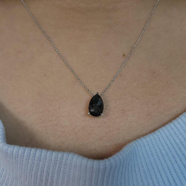 14Kt Gold 1 Ct Rose Cut Black Diamond Teardrop Pendant Necklace