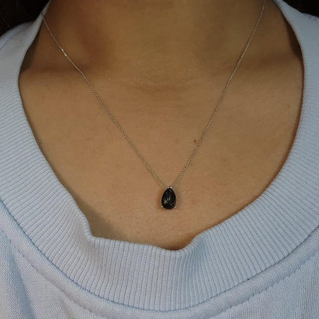 14Kt Gold 1 Ct Rose Cut Black Diamond Teardrop Pendant Necklace