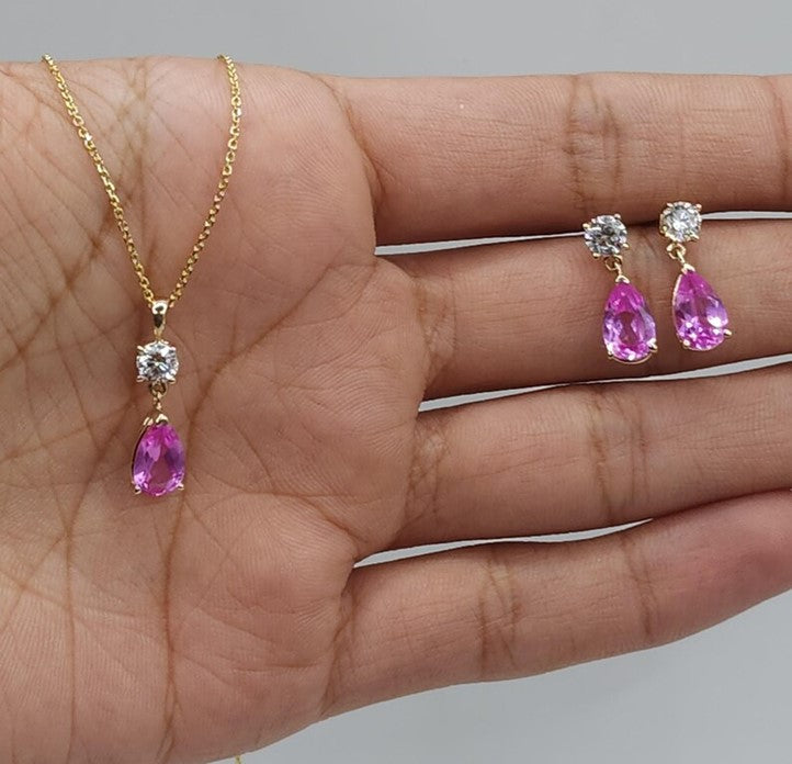 14Kt Gold Pink Sapphire Teardrop & Lab Grown Diamond Pendant