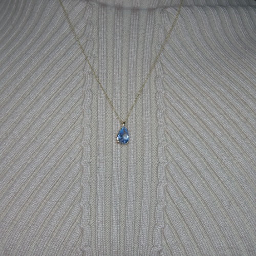 14Kt Gold Simulated Aquamarine Teardrop Pendant