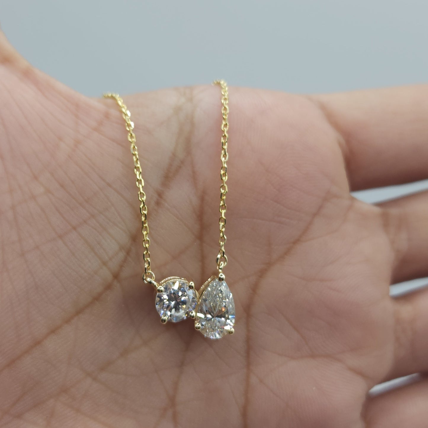 14Kt Gold 1.60 Ct 2 Stone Teardrop & Round Lab Grown Diamond Necklace