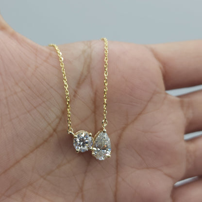 14Kt Gold 1.60 Ct 2 Stone Teardrop & Round Lab Grown Diamond Necklace