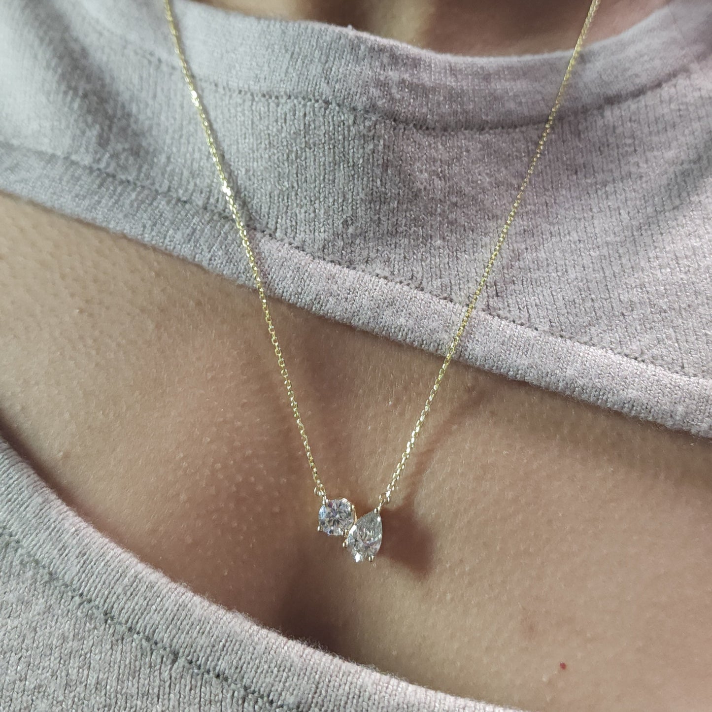 14Kt Gold 1.60 Ct 2 Stone Teardrop & Round Lab Grown Diamond Necklace