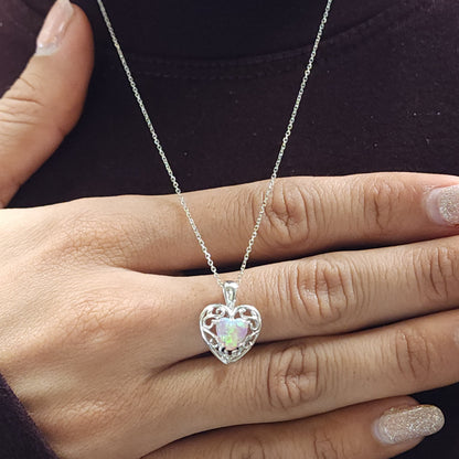 14Kt Gold Pink Opal & Diamond Heart LOVE ENGRAVED Pendant Necklace
