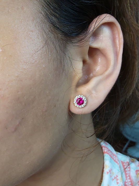 14Kt Gold 1 Ct Created Ruby Halo Design Stud Earrings