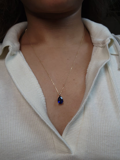 14Kt Gold Blue Sapphire Teardrop Pendant Necklace