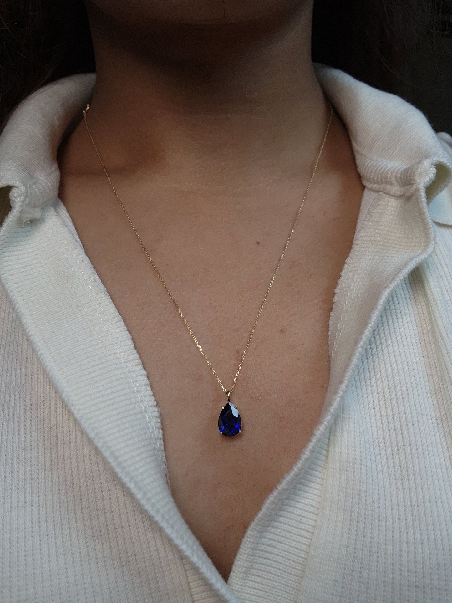 14Kt Gold Blue Sapphire Teardrop Pendant Necklace