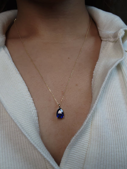 14Kt Gold Blue Sapphire Teardrop Pendant Necklace
