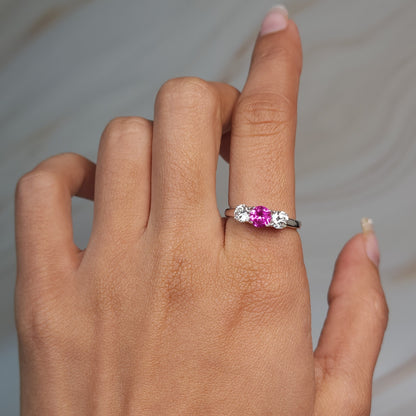 Created Pink Sapphire & Lab Grown Diamond Round ring .925 Sterling Silver