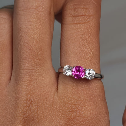 Created Pink Sapphire & Lab Grown Diamond Round ring .925 Sterling Silver