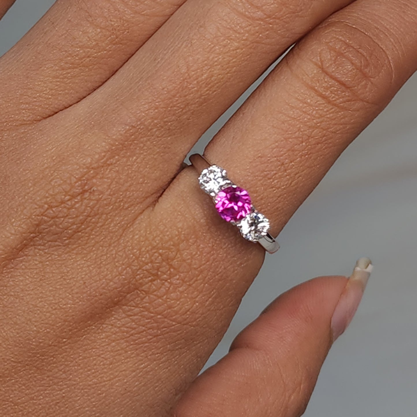 Created Pink Sapphire & Lab Grown Diamond Round ring .925 Sterling Silver