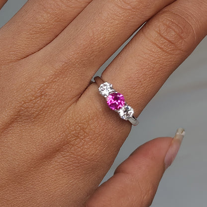 Created Pink Sapphire & Lab Grown Diamond Round ring .925 Sterling Silver