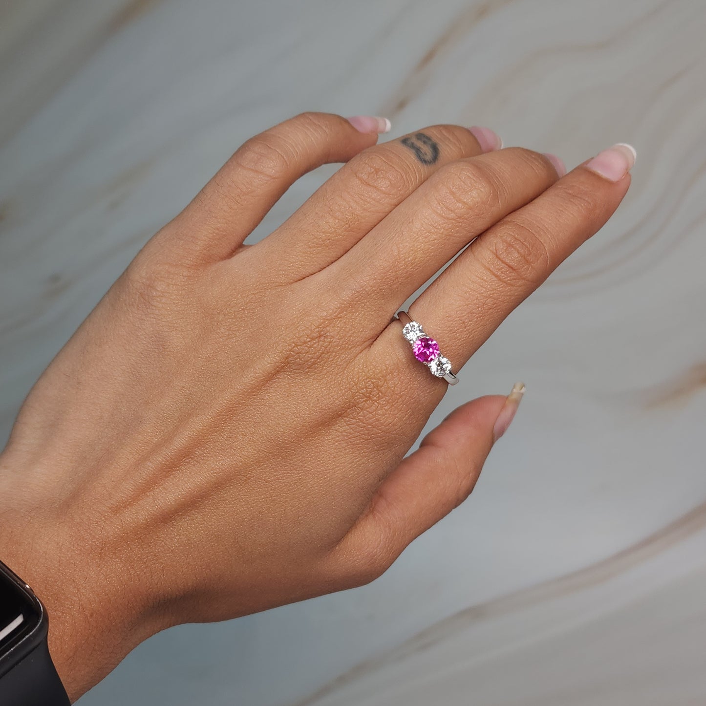 Created Pink Sapphire & Lab Grown Diamond Round ring .925 Sterling Silver