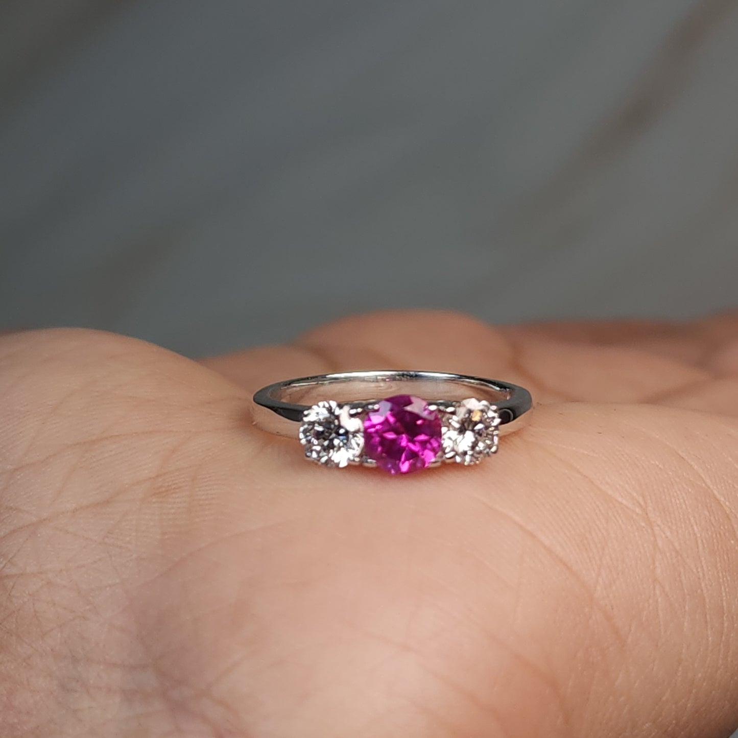 Created Pink Sapphire & Lab Grown Diamond Round ring .925 Sterling Silver