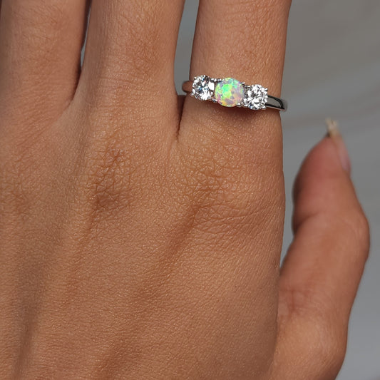 Created Pink Opal & Lab Grown Diamond Round ring .925 Sterling Silver