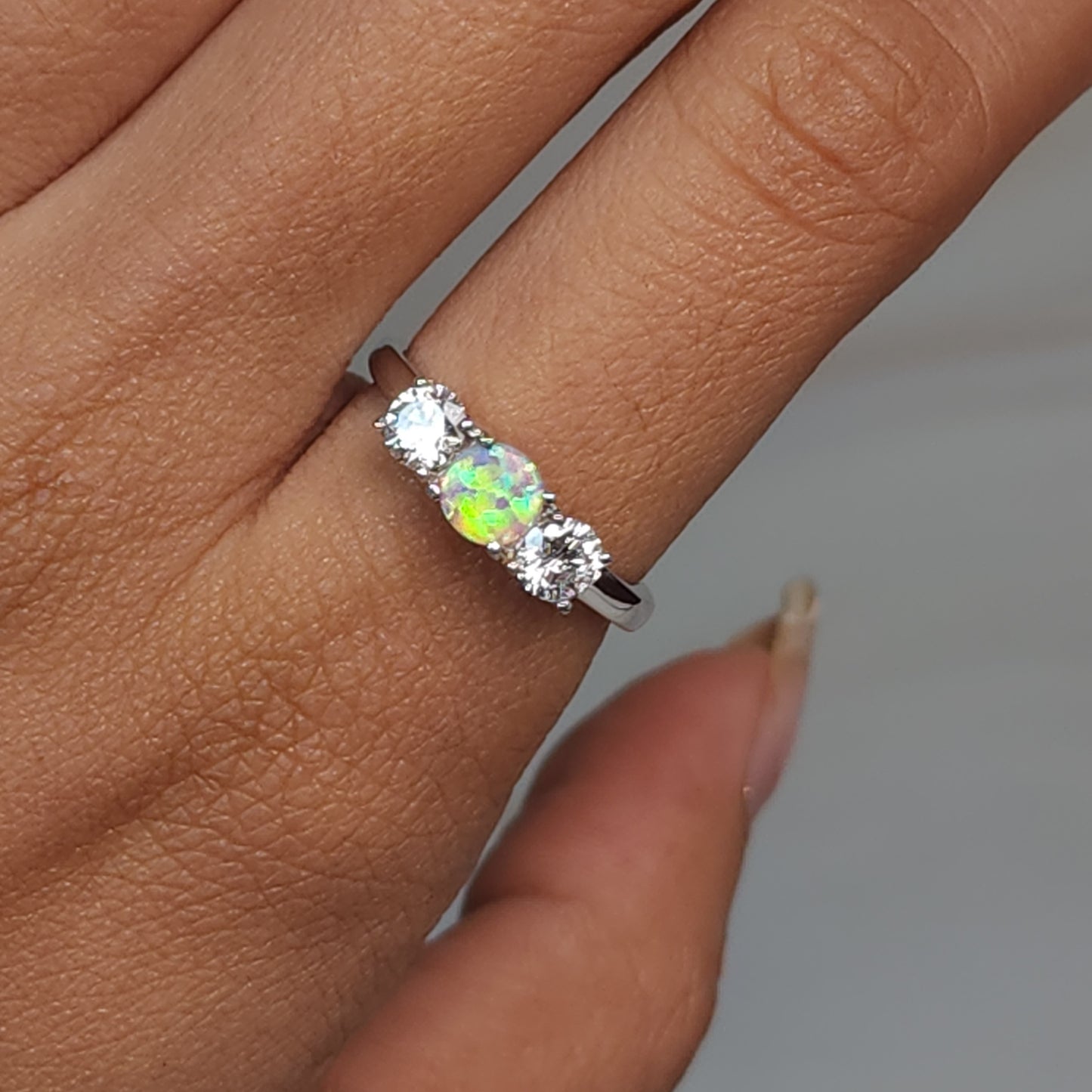 Created Pink Opal & Lab Grown Diamond Round ring .925 Sterling Silver