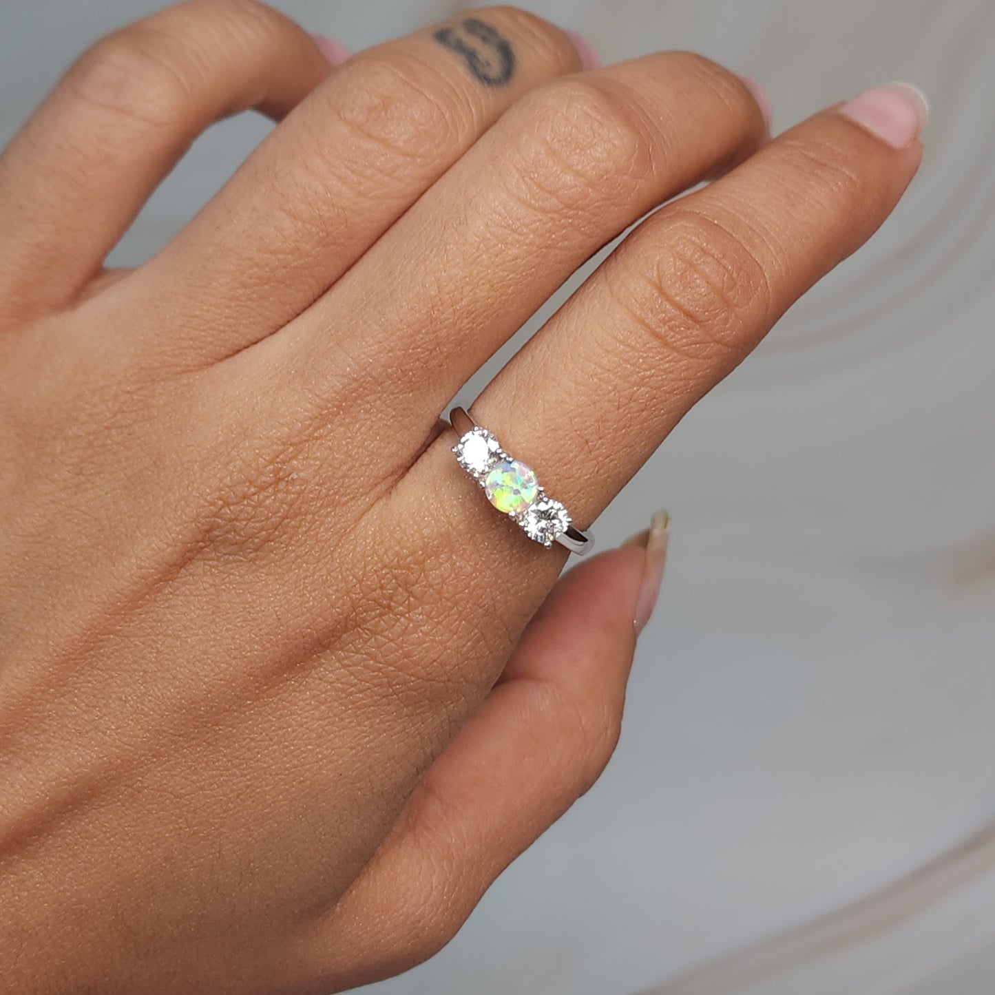 Created Pink Opal & Lab Grown Diamond Round ring .925 Sterling Silver