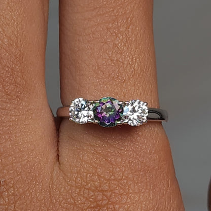 Natural Mystic Topaz & Lab Grown Diamond Round ring .925 Sterling Silver