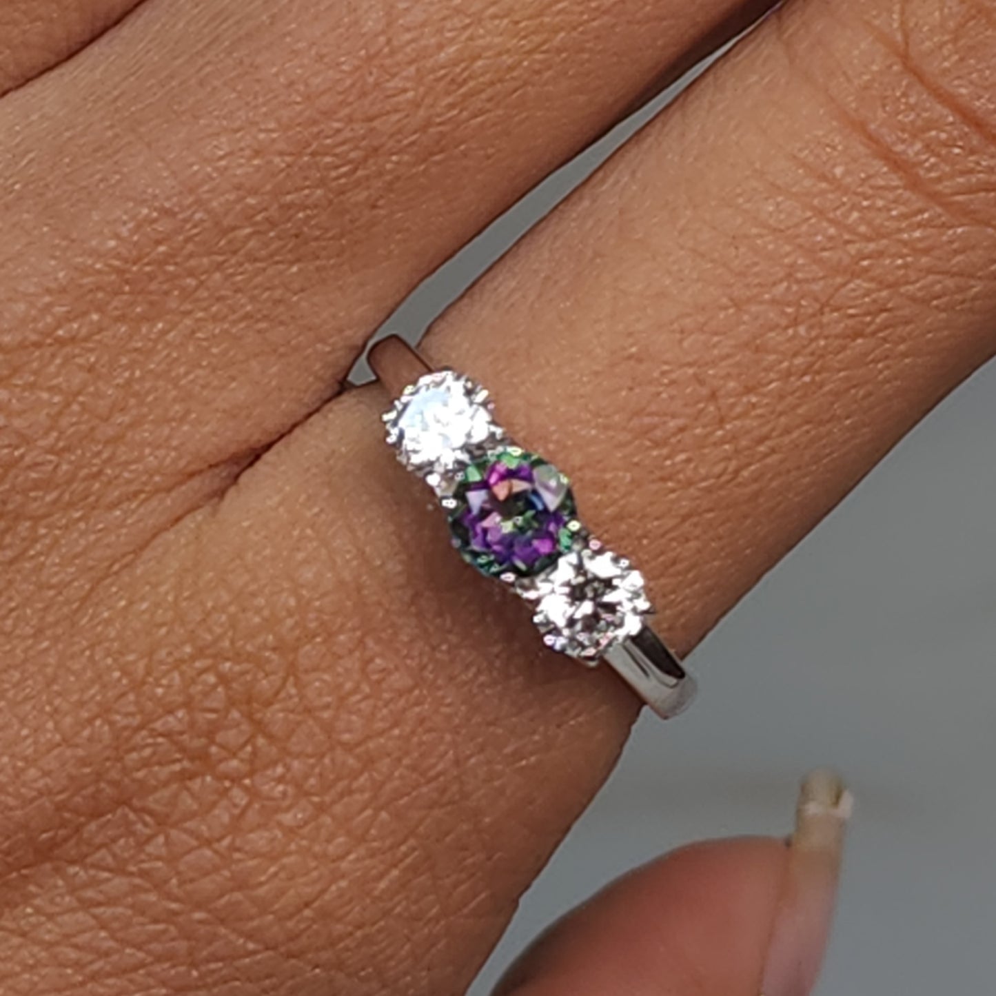 Natural Mystic Topaz & Lab Grown Diamond Round ring .925 Sterling Silver