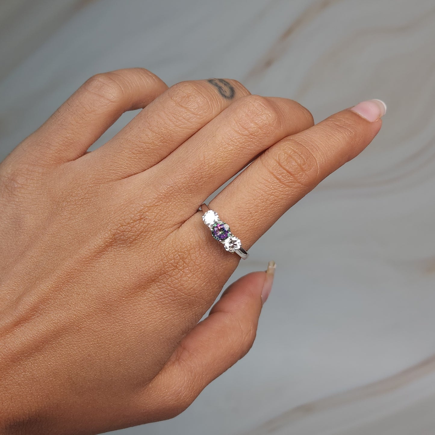 Natural Mystic Topaz & Lab Grown Diamond Round ring .925 Sterling Silver