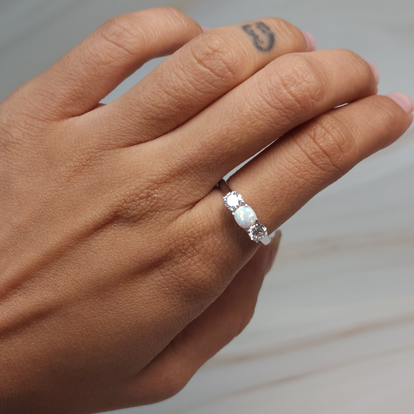 Created Opal & Lab Grown Diamond Round ring .925 Sterling Silver
