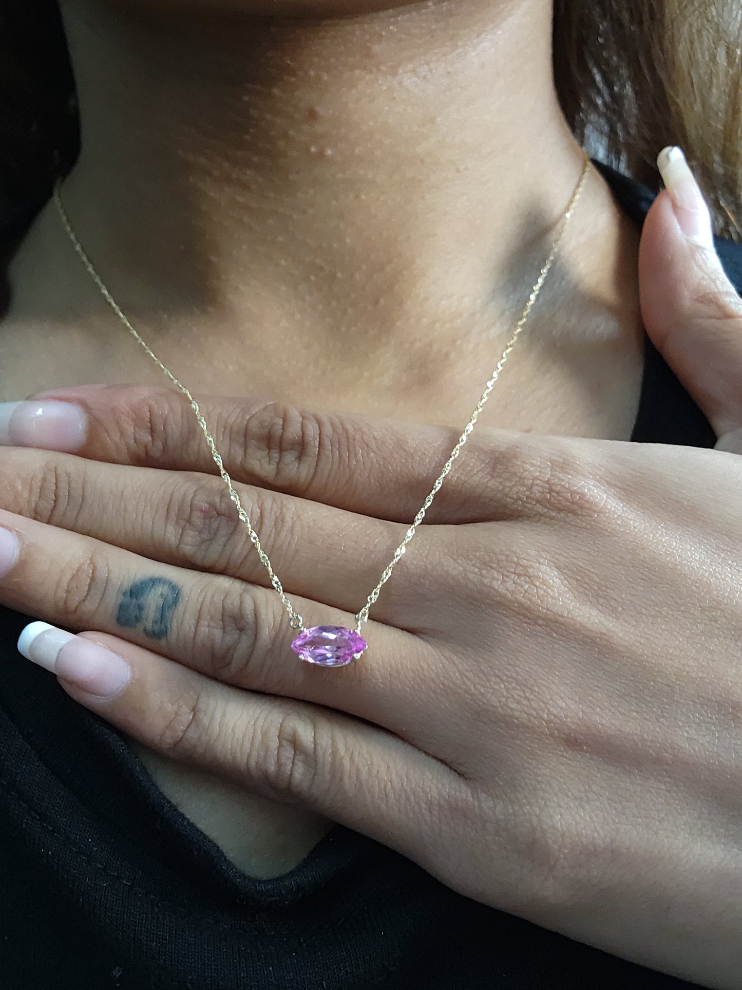 14Kt Gold Pink Sapphire Marquise Pendant Necklace