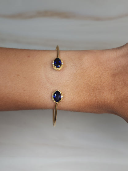 14Kt Gold Blue Sapphire & Diamond Oval Bangle Bracelet