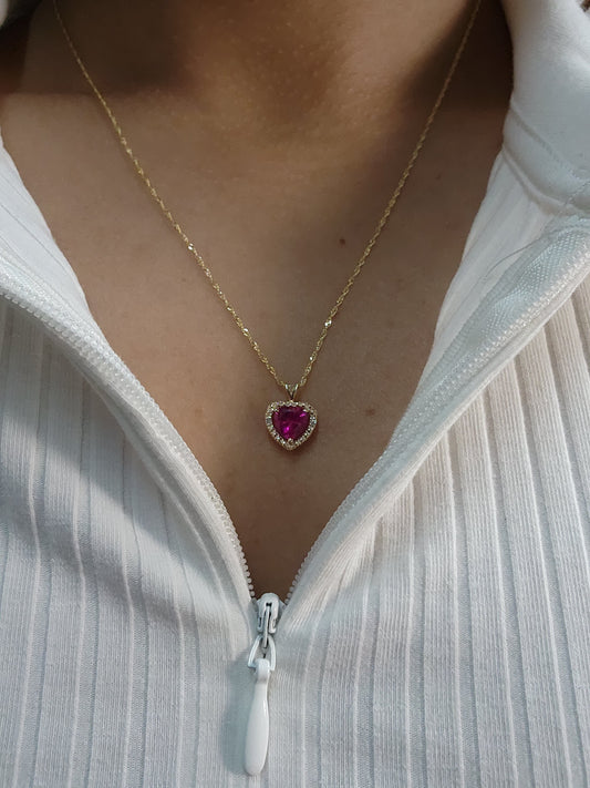 14Kt Gold Created Ruby & Diamond Heart Pendant Necklace