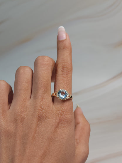 14Kt Gold 2 Ct Genuine Aquamarine & Diamond Halo Design Round Ring
