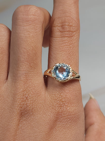 14Kt Gold 2 Ct Genuine Aquamarine & Diamond Halo Design Round Ring