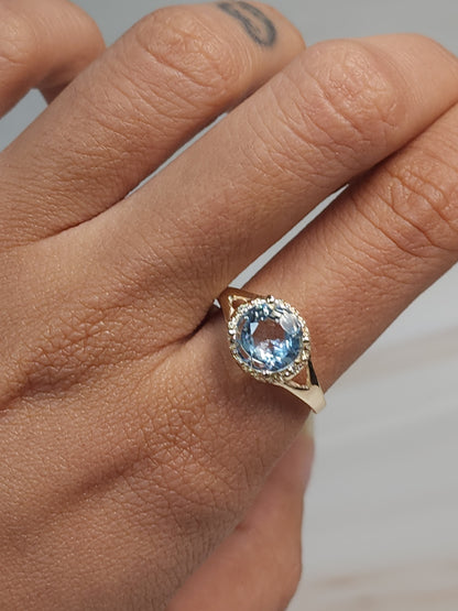 14Kt Gold 2 Ct Genuine Aquamarine & Diamond Halo Design Round Ring