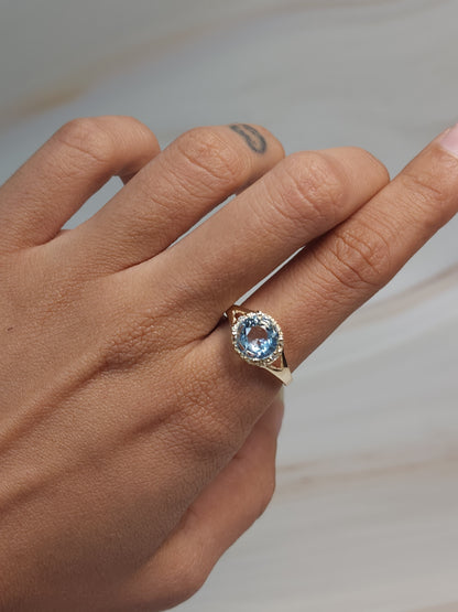 14Kt Gold 2 Ct Genuine Aquamarine & Diamond Halo Design Round Ring