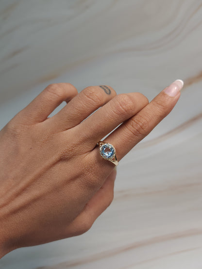 14Kt Gold 2 Ct Genuine Aquamarine & Diamond Halo Design Round Ring