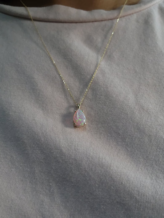 14Kt Gold Pink Opal Teardrop Pendant Necklace