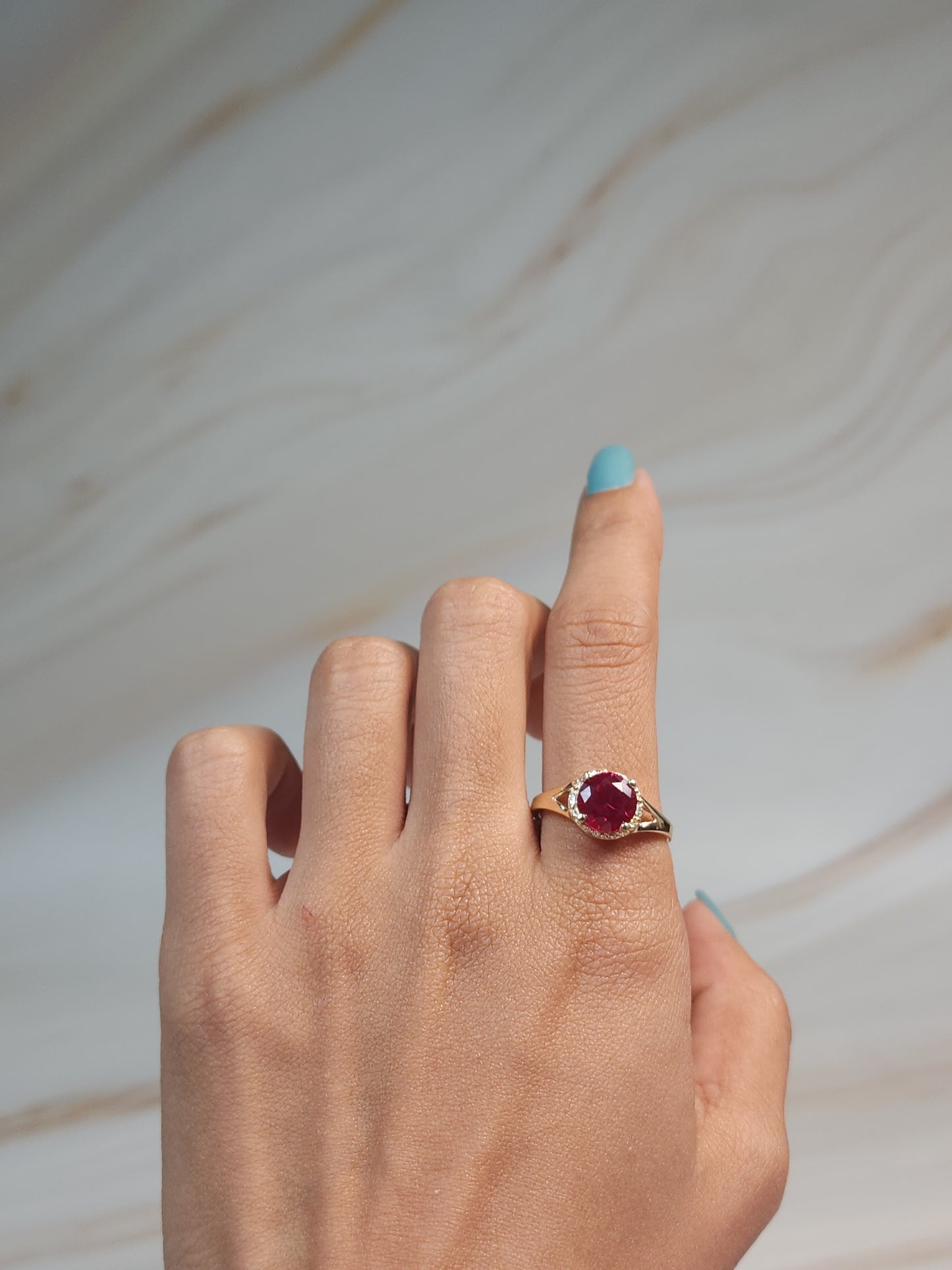 14Kt Gold 2 Ct Created Ruby & Diamond Halo Design Round Ring